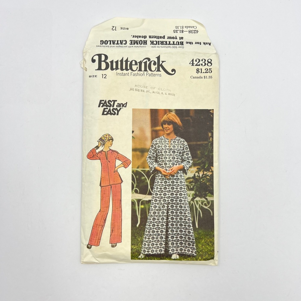 Butterick 4238 Caftan Top Pants Sewing Pattern Bust 34" Vintage Size 12 Boho 70s